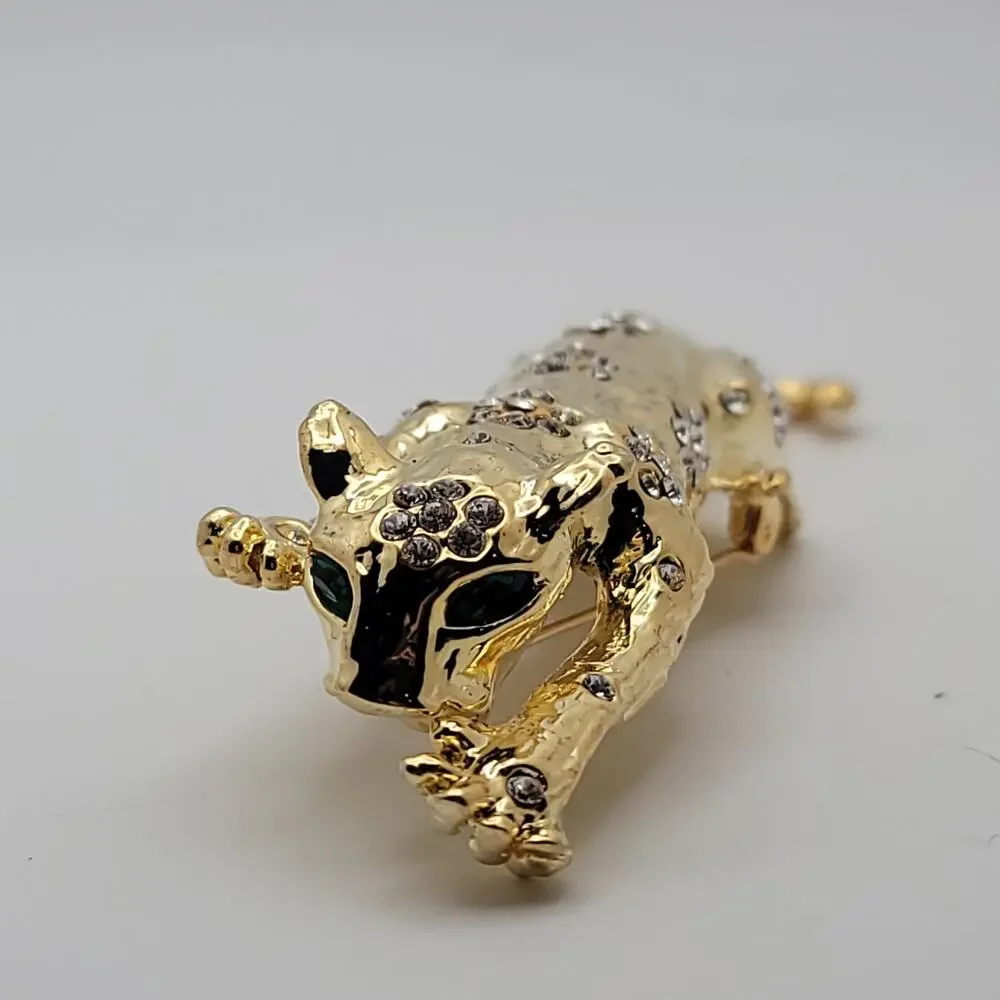Vintage Gold-Tone Panther Brooch Green Rhinestone Eyes & Clear Rhinestones